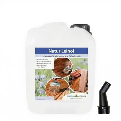 5L Leinöl Holzschutz | Pflegeöl für Echtholzmöbel mit Ausgießer - Holzöle, hochwertiges Naturleinöl für Innen und Außen, idealer Schutz für Echtholzmöbel, einfache Anwendung mit Ausgießer, ergiebig für 31-40 m².