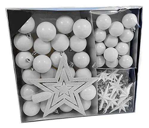 Weihnachtsbaumschmuck Set - 45 teilig in Weiß Tönen - 36 Kugeln, Weihnachtsbumspitze, Dekosterne und Kette