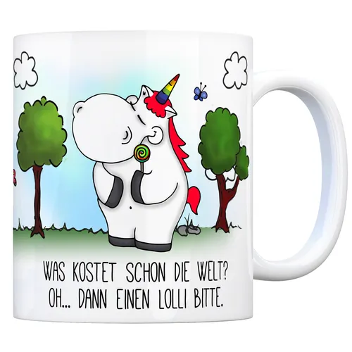 Honeycorns Kaffeebecher mit Einhorn Motiv und Spruch: Was kostet schon die