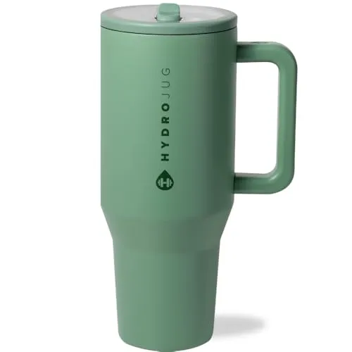 HydroJug Traveler Wasserflasche mit Griff und Klapp-Trinkhalm, 1,2 l, passt in Becherhalter, auslaufsicherer Becher, wiederverwendbar, isolierter Edelstahl und Gummiboden, Geschenk für Damen und