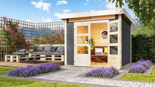 Karibu Gartenhaus "Kandern 3" mit 100 Euro Zubehör - Holz Gartenhaus in terragrau, 2,4 x 2,4 m, aus robustem nordischem Fichtenholz für einfache Montage und stilvolle Gestaltung Ihres Gartens.
