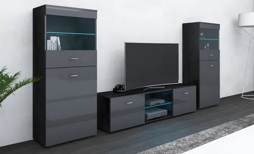 Borchardt Möbel Wohnwand Scala, 3-tlg. schwarz - Moderne Wohnwand für Ihr Wohnzimmer, Made in Germany. Mit eleganter Hochglanz-Optik und beleuchtbaren Glaseinlegeböden für eine stilvolle Präsentation.