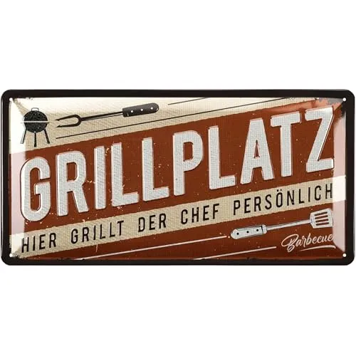 LANOLU Retro Blechschilder Grillen - GRILLPLATZ - BBQ Grill Retro Deko - Grillplatz Schild Garten - Geschenk für Papas Grillecke Schild - Chill Lounge Schilder, 17x34 cm