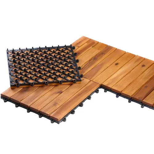 Holzfliesen Balkonfliesen 30x30 – Robuste Terrassenfliesen mit Klicksystem - Holzfliesen aus geölter Akazie mit Drainage-System, ideal für Balkon und Terrasse. Quadrat 30x30 cm, einfache Verlegung dank Klicksystem, 3 qm pro Paket.