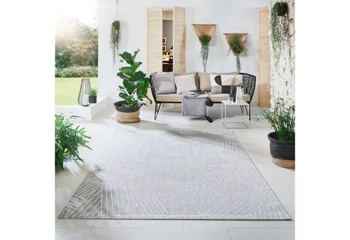 Steffensmeier Indoor Outdoor Teppich Öland – Wasserfester Kunststoffteppich für Balkon und Terrasse - Der Öland Teppich bringt Gemütlichkeit in Ihren Außenbereich. Strapazierfähig und leicht zu reinigen, perfekt für Gartenpartys oder entspannte Stunden. Design in Kristall Silber Beige, Größe 80x150 cm.