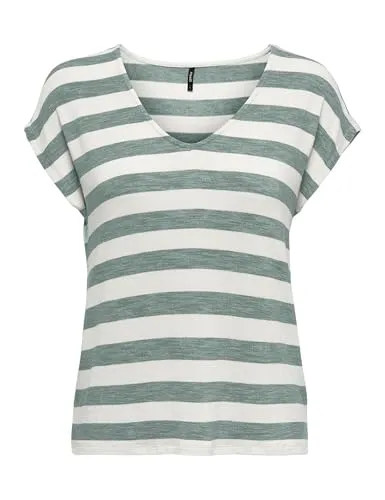 ONLY Damen Onllira Life S/S V-Neck Top JRS T-Shirt, Chinois Green/Stripes:Cloud Dancer, X-Large