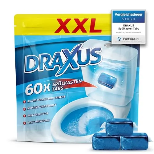 DRAXUS 60x Spülkasten Tabs - XXL Pack für frisches blaues Wasser - WC-Reiniger mit einzigartiger Formel, die Kalk vorbeugt und für extra Frische sorgt. Ideal für Vorratskäufe, einfach ins Spülkasten legen und genießen!