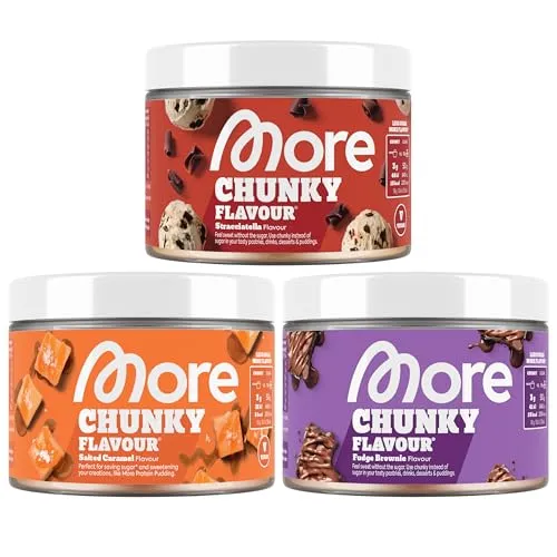 MORE Chunky Flavour, 3er Bundle, 3 x 150 g, Fudge Brownie, Salted Caramel, Stracciatella, Geschmackspulver zum Süßen, ohne viel Zucker und Kalorien, mit Inulin und Laktase