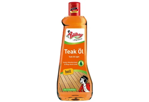 Poliboy Teak Öl für helle Harthölzer - 500 ml - Haushaltswaren mit dreifacher Wirkung: Reinigt, pflegt und schützt helles Holz, ideal für Gartenmöbel und mehr. Made in Germany für langanhaltenden Schutz vor Wettereinflüssen.
