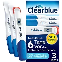 Clearblue Schwangerschaftstest Triplecheck Ultra-früh - Früherkennung - Schwangerschaftstests mit 3 Tests, ultra-frühe Erkennung bis zu 6 Tage vor der Periode, über 99% Zuverlässigkeit ab Fälligkeitstag, inkl. digitalem Testergebnis.