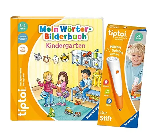 tiptoi Ravensburger Set: Mein Wörter-Bilderbuch | Kindergarten (Kinderbuch) + 00801 Der Stift - mit Aufnahmefunktion + 1x Create-Sticker