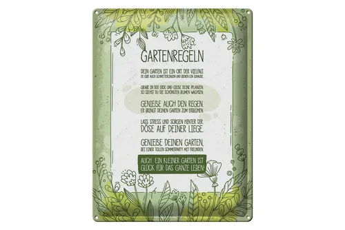 Femer GmbH Metallschild Spruch 30x40 cm Gartenregeln auch kleiner Garten ist Glück, (1 St), gewölbte Oberfläche, abgerundete Ecken, umgeschlagene Kanten