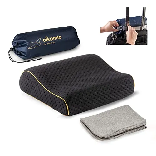 alkamto Reisekissen – Campingkissen – Ergonomisches Memory-Schaum-Kissen mit Temperaturregulierendem Bezug – Extra Baumwollbezug – Inklusive Reisetasche
