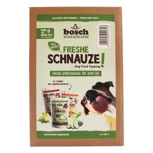 Bosch Freshe Schnauze - Gemüsekiste Aktionspaket 6 x 200 g | Mixpaket mit Roten, Grünen und Gelben Toppings für Hundefutter | Für Trockenfutter und Nassfutter geeignet