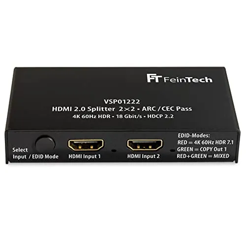 FeinTech VSP01222 HDMI 2.0 Splitter - Video Umschaltpulte mit 2 Eingängen und 2 Ausgängen, ideal für 4K 60Hz HDR Inhalte, unterstützt ARC für Audio-Rückkanal und bietet automatische Skalierung für Full-HD Displays.