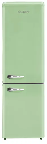 SCHOEPF Retro Kühl- Gefrierkombination RKG265DSG - Freistehende Kühl-Gefrier-Kombination im Retro-Design, 249L Kapazität, energieeffizient mit LED-Innenbeleuchtung und externem Griff in stylish Grün.