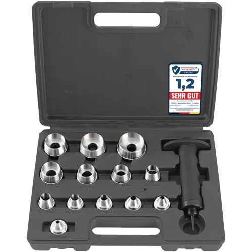 TECPO Henkel Locheisen Satz 14-teilig - Schraubenschlüssel Set mit 14 auswechselbaren Locheisen in metrischen und Zollgrößen, ideal für Papier, Kunststoff und Gummi – ergonomischer Griff für komfortables Arbeiten.