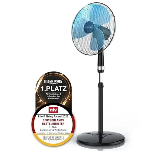 Brandson Standventilator 40cm - Höhenverstellbar & Preisträger 2026 - Brandson Standventilator mit 40cm Korbgröße sorgt für frische Luft an heißen Tagen. Mit höhenverstellbarem Standfuß und 3 Geschwindigkeitsstufen ist er ideal für jeden Raum. Ausgezeichnete Qualität mit GS-Zertifizierung!