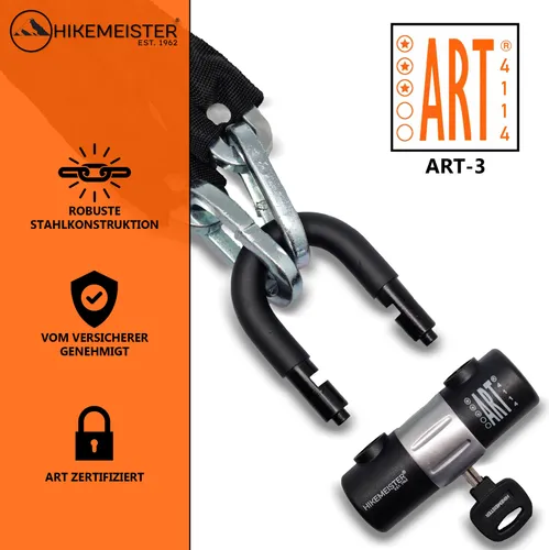 HikeMeister® Kettenschloss Fahrradschloss | Hohe Sicherheitsstufe | ART 3 Zertifikat | Schloss für Roller E-Scooter Motorrad Moped E-Bike & hochwertiges Fahrrad Kette 120 cm - Dicke: 10 mm