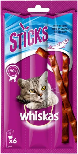 Whiskas Sticks mit Lachs - Leckere Belohnung für Katzen - Katzensticks mit reichhaltigem Lachs, ideal als schmackhafte Zwischenmahlzeit. Perfekt für verwöhnte Katzen und einfach zu portionieren.