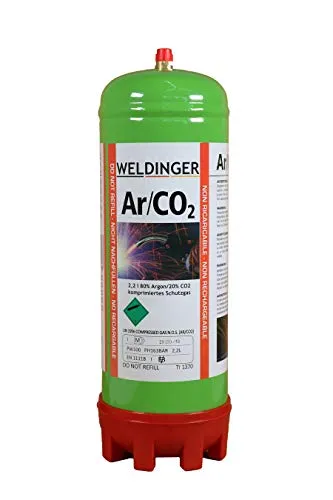 WELDINGER Einwegflasche 2 Liter Mischgas 80% Argon 20% CO2 - Schweiß-Zubehör mit 220 Litern MAG-Schweißgas, ideal für Stahl. Kompaktes Design und einfach zu handhaben – perfekt für professionelle Schweißer.
