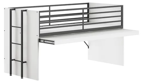 Halbhochbett 90x200 Keelia Weiß mit ausziehbarer Arbeitsplatte - Platzsparendes halbhohes Bett mit integrierter ausziehbarer Schreibplatte. Modernes Design in Weiß mit schwarzen Akzenten, ideal für Schlafen und Lernen. Robuste Verarbeitung für langlebigen Einsatz.