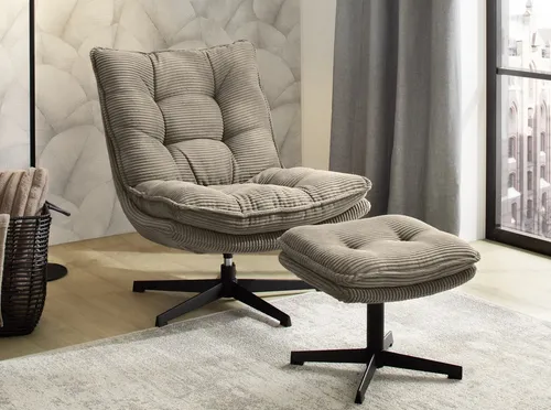 Procom Relaxsessel KASPER mit Hocker, taupe, 360° drehbar - Hocker & Relaxsessel im Set, mit manueller Relaxfunktion und stilvollem Cordbezug für höchsten Komfort und Entspannung.