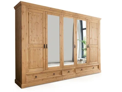 Moebel-Eins Kleiderschrank PALERMO aus massivem Kiefernholz - Hochwertiger Kleiderschrank aus massivem Kiefernholz, eichefarbig gebeizt. Mit praktischen Schubkästen auf Metallschienen und einfacher Selbstmontage für eine schnelle Nutzung.