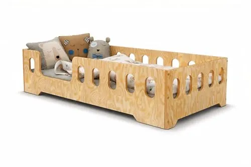 ACMA Kinderbett 140x70 cm Miki L Holz Natur - Juniorbett aus Sperrholz mit Lattenrost, Montessori Bodenbett, Kinderzimmer Bett, stabiles Holzbett, modernes Design, niedrige Einstiegshöhe