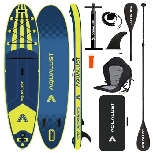 AQUALUST 10.6 iSUP Board Stand Up Paddle Set Surfboard aufblasbar 320cm SUP 150 KG Blue (Boardset+Kajakpaddel+Deluxe-Sitz)