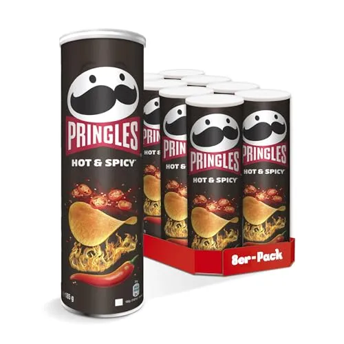 Pringles Hot & Spicy (8 x 165 g) – der unwiderstehliche Snack-Klassiker in der praktischen Dose – extra scharfe Chips mit Hot-Paprika-Geschmack – Pop. Play. Eat.