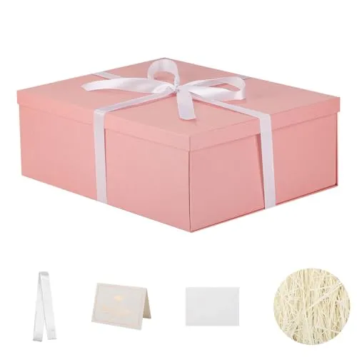 KdmNzoo Geschenkbox mit Deckel 42 x 32 x 15.5 cm groß xxl, Geschenkbox mit Schleifen, Grußkarten, Raffia Hamper Shreds für rosa