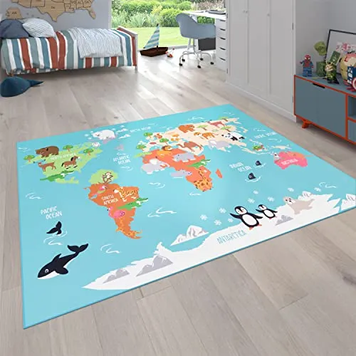 Paco Home Kinderteppich Bino 564 - Flachgewebe-Teppich mit Motiv Weltkarte, robust und pflegeleicht, ideal für stundenlangen Spielspaß im Kinderzimmer.