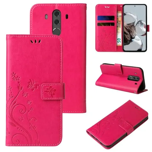 LBH Handy Hülle für Huawei Mate 10 Pro Case Handytasche Schmetterling Blumen Flower Standfunktion Schutzhülle Magnet Rundum Schutz 360 Grad Flipcase Cover Pink
