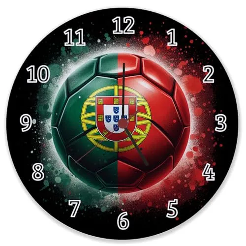 speecheese Fußball Portugal Flagge Wanduhr aus Glas EM 2024 Sportliche Wanduhr aus Glas in grün-rot mit Ball-Motiv - Perfekt für alle portugiesischen Fußballfans