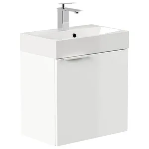 Gäste-WC Badmöbel Cubi 50cm mit Mineralgussbecken - Stilvolles Badezimmermöbel für kleine Räume, mit hochwertiger PET-beschichteter Oberfläche und Soft-Close-Tür für leises Schließen.