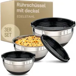 3tlg Silikon Edelstahl Schüssel Set mit Deckel - Praktisches 3er Set Rühr- und Servierschüsseln, luftdicht und spülmaschinenfest für lange Frische der Lebensmittel, ideal für Küche und Picknick.