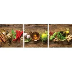 EUROART Glasbild 30 x 90 cm Herbs and Spices - Stimmungsvolles Glasbild mit buntem Kräuter-Design, ideal für die kreative Wandgestaltung in Küche oder Esszimmer.