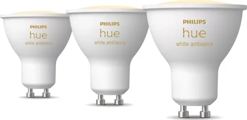 Hue White Ambiance GU10 Spotlight - 3-Pack - LED-Lampen mit 4.2W, GU10 Strahlerfassung, einstellbare Farbtemperatur von 2200-6500 Kelvin, steuerbar über Smart-Home-Geräte und Sprachassistenten, 3er-Pack für flexibles Lichtdesign.
