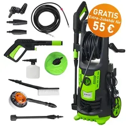 BRAST Hochdruckreiniger Elektro 180 bar - Hochdruckreiniger mit 2400 W Leistung und 480 l/h Fördermenge, ideal für die gründliche Reinigung von Autos, Fassaden und Gartenmöbeln. Inkl. 14-teiligem Sonderzubehör für vielseitige Anwendungen.