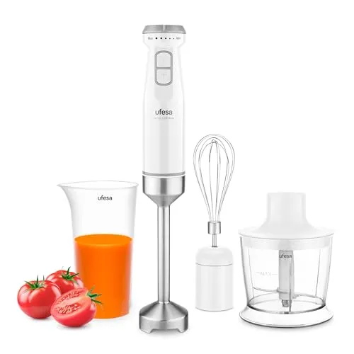 Ufesa Stabmixer Venus Max 1200W mit Turbofunktion, 4 Edelstahlklingen, Variable Geschwindigkeit, Spritzschutz-Design, 3-in-1-Set mit Zerkleinerer, Schneebesen und Messbecher