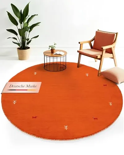 carpetfine Wollteppich Gabbeh Uni Rund Orange Ø 120 - Hochwertiger Wollteppich für Wohn- und Schlafzimmer, Ø 120 cm. Langlebig und pflegeleicht, ideal für Fußbodenheizungen. Verleiht jedem Raum eine gemütliche Atmosphäre.