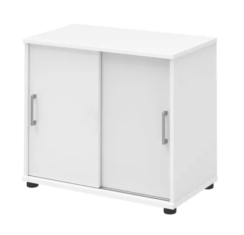 Schiebetürenschrank für Büro und Homeoffice - Aktenschrank in Weiß, platzsparend mit modernen Schiebetüren, ideal für die Organisation von Dokumenten und Büromaterial.