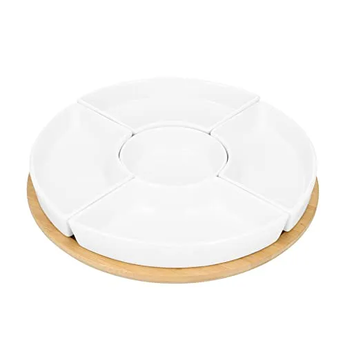HOMLA Fincan Moderne Servierplatte Rund 6-teilig - Ideale Servierlösung für Partys - Servierplatten aus Porzellan und Bambus mit auffälligem Design, perfekt für Snacks und Dips. Umweltfreundlich und langlebig – ideal für stilvolle Feiern!
