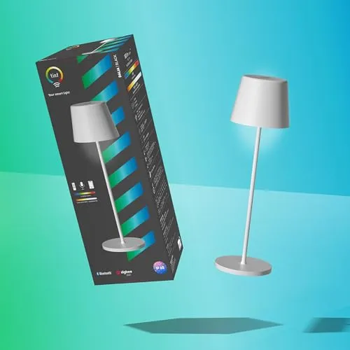 tint Smarte LED-Tischleuchte Dalia Weiß - RGB Farbwechsel für stimmungsvolle Beleuchtung - Moderne Tischleuchte für Innen und Außen, mit 6 vorprogrammierten Lichtszenen und Sprachsteuerung via Alexa. Ideal für stimmungsvolles Licht und flexible Platzierung dank Akkubetrieb.