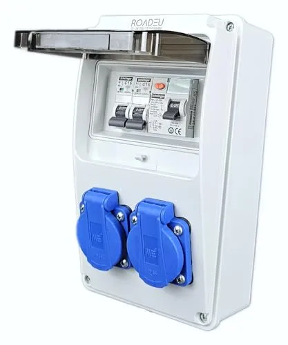 RoadEu Stromverteiler 2x Schuko 230V mit Fi Schutzschalter - Sonstige Elektroinstallationsartikel mit 2x 230V Schuko-Steckdosen, ideal für Indoor und Outdoor, ausgestattet mit Fi- und Leitungsschutzschaltern für maximale Sicherheit.
