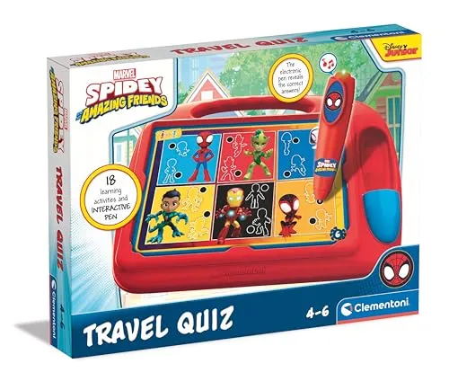 Clementoni E-Lektor Quiz Travel - Marvel Spidey und Seine Freunde - interaktives Lernspielzeug mit elektronischem Stift für Kinder ab 4 Jahren - Ideal für unterwegs & Reisen, 16806