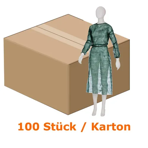 Ampri Med Comfort Schutzkittel dunkelgrün L/XL - 100 Stück - Strapazierfähiger Besucherkittel aus leichtem Polypropylen-Spinnvlies, ideal für Pflege- und Hygienebereiche. Mit Trikotbündchen für sicheren Sitz und einfache Handhabung. Maße: 1360 x 1400 mm. Farbe: Dunkelgrün.