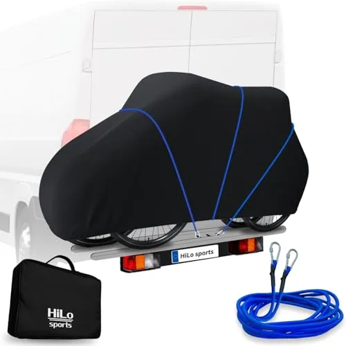 HiLo sports Fahrradabdeckung für 2 Fahrräder - Reißfest & Wasserdicht - Fahrradkoffer & Fahrradtransporttaschen - Die robuste 600D Ripstop Abdeckung bietet 100% Wasserschutz und eine perfekte Passform für 2 E-Bikes, inklusive 6m Sicherheitsseil für stabilen Halt.