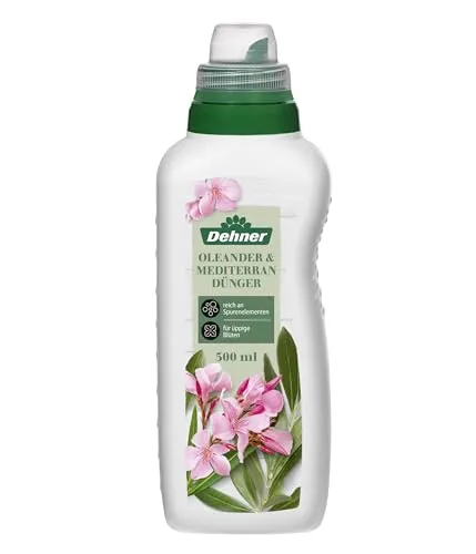 Dehner Oleander- und Mediterrandünger 500 ml - Hochwertiger Flüssigdünger für mediterrane Pflanzen, NPK 6+4+4 mit Spurennährstoffen. Ideal für kräftigen Wuchs und üppige Blüten. Flasche aus 90 % recyceltem Kunststoff.